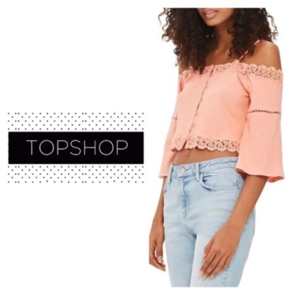 TopShop Womens Orange Cold Shoulder Elbow Sleeve Button Crop Tank Top Sz 10 New